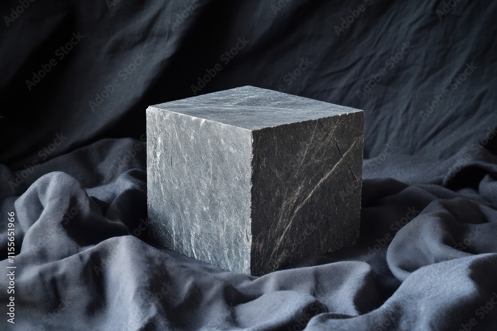 Poster dark grey stone cube on dark fabric.