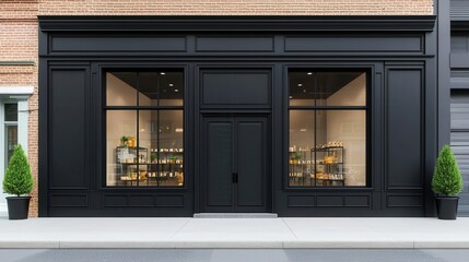 Urban chic gift shop facade with black metal walls, large windows, and minimalist signage, Gift Shop, Urban Chic