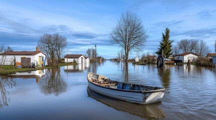 Obraz premium A serene landscape featuring a small boat amidst flooded homes and trees under a clear blue sky.