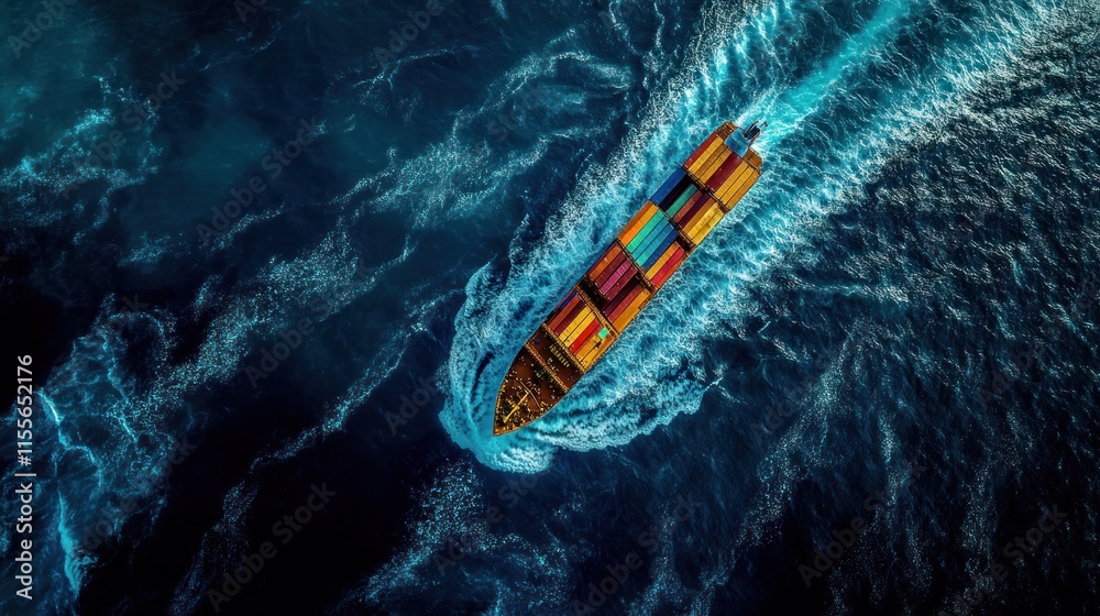 Poster aerial view of a container ship sailing on a dark blue ocean.