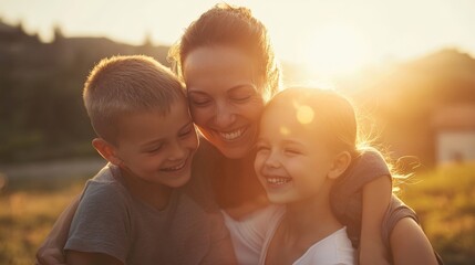 Happy caucasian family embracing at sunset with smiling mother and children in nature