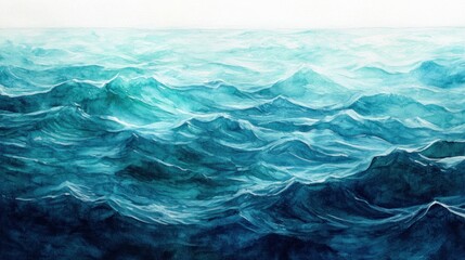 Fototapeta premium Watercolor painting of ocean waves, various shades of blue, textured surface.