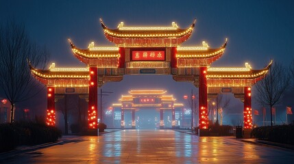 Fototapeta premium Illuminated Chinese Gate in Winter Nightscape Winter Lantern Serenity Illuminated Oriental Gateways Festive Chinese Nightscapes
