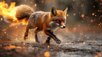 Fox with a Fiery Tail Running Through a Magical and Enchanted Landscape