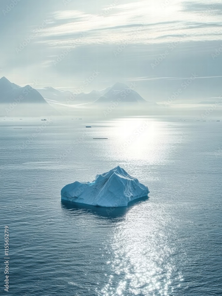 Aufkleber Melting iceberg floating in expansive blue ocean under a soft cloudy sky in serene atmospheric conditions. Generative AI