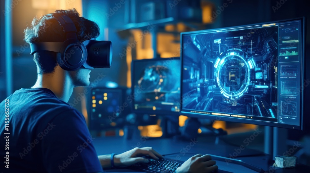 Poster young man immersed in virtual reality gaming, using vr headset and computer.