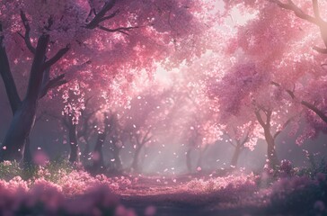 Magical Cherry Blossom Pathway in Dreamlike Forest with Soft Pink Petals and Gentle Light Filtering Through Trees
