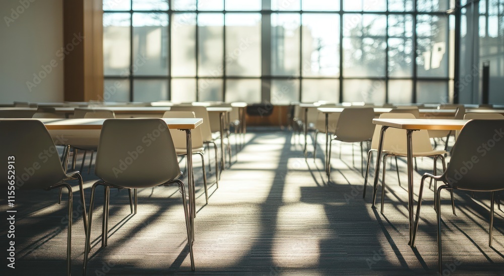 Poster Sunlit empty classroom with desks and chairs arranged in rows.