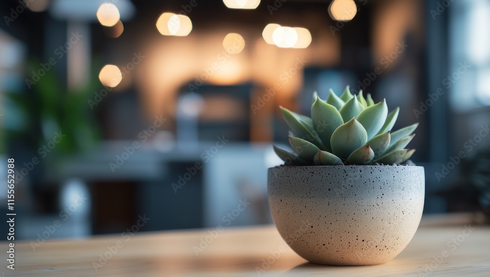 Poster small succulent in a concrete pot on a wooden table in a blurred cafe background.