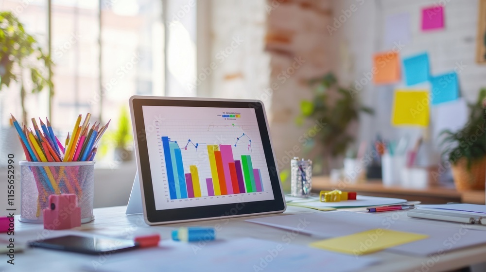 Poster Tablet displaying colorful bar graph on a desk with stationery.