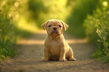 Adorable fawn-colored puppy sitting on a path in a sunny green forest.