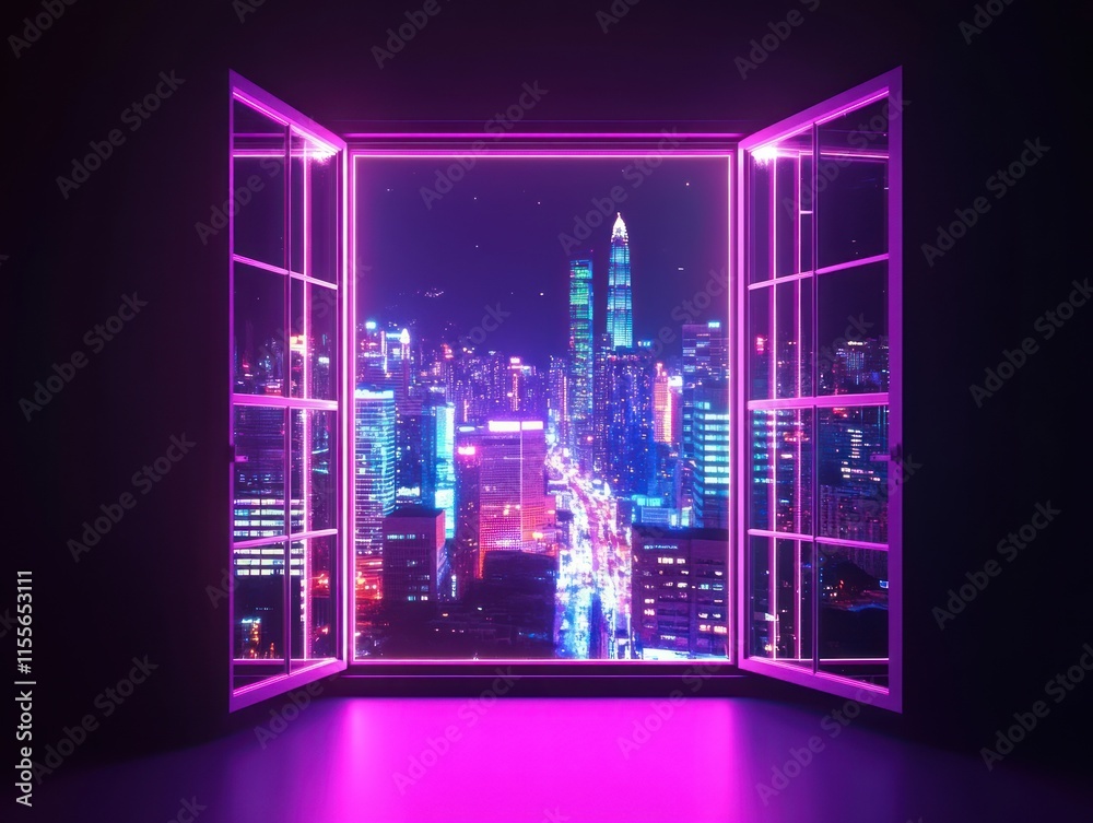 Poster neon city skyline viewed from open window at night.
