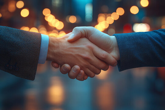 Business professionals engage in a handshake at night, illuminated by city lights. Generative AI