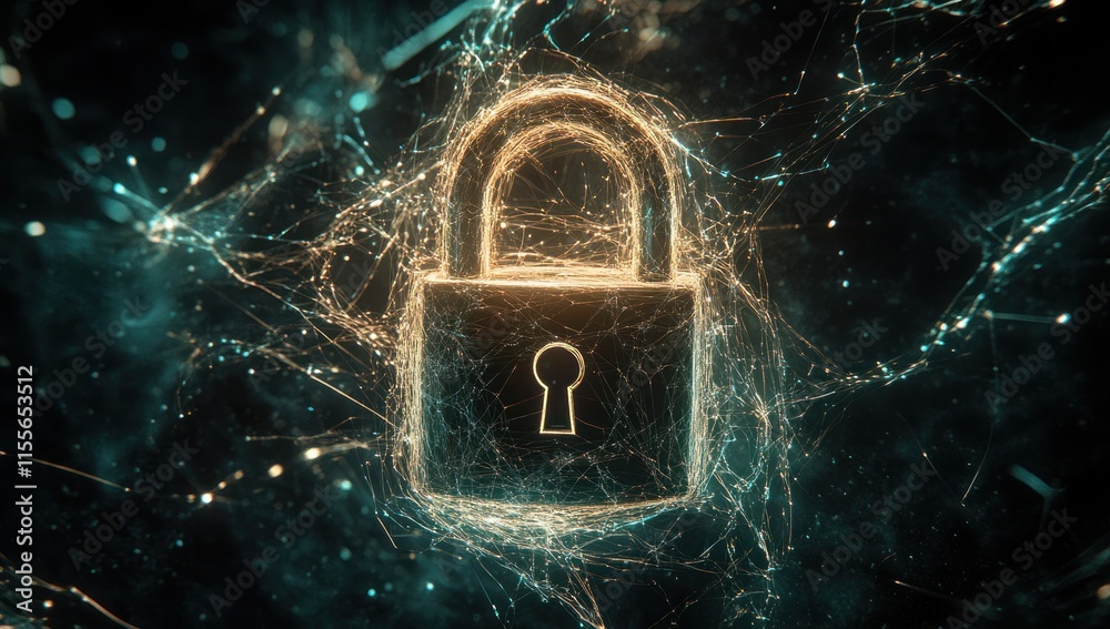 Poster glowing padlock encased in digital network.