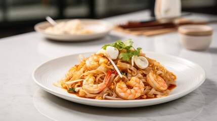 Fototapeta premium Elegant Pad Thai with Fresh Shrimp on Marble Table, Softly Lit Restaurant Ambiance, Gourmet Food Presentation, High-Resolution, Macro Detail