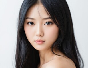 Obraz premium Portrait of a beautiful young Asian woman with fresh clean skin and long thick black hair