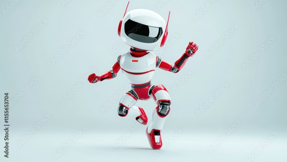 Poster happy red and white robot jumping joyfully.