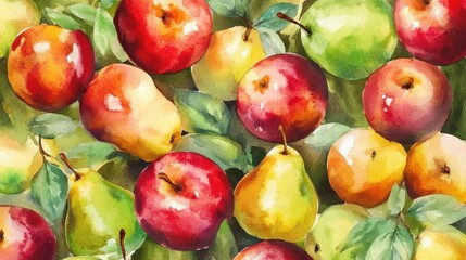 Watercolor painting of red apples and green pears.