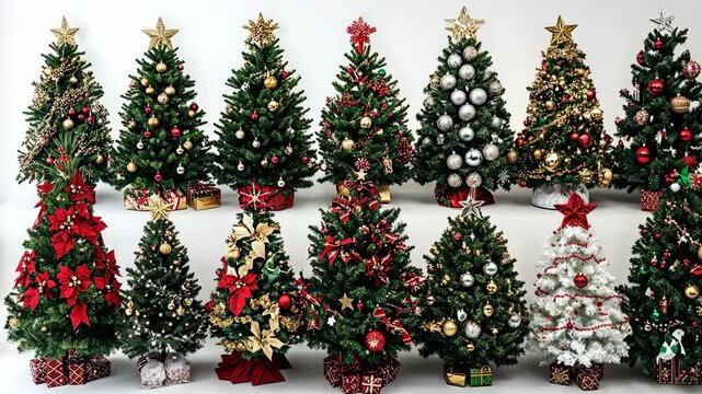 Multiple decorated Christmas trees arranged in an indoor display showcasing various holiday themes and colors