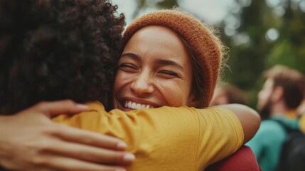 Naklejka premium Joyful embrace of diverse young adults in outdoor gathering