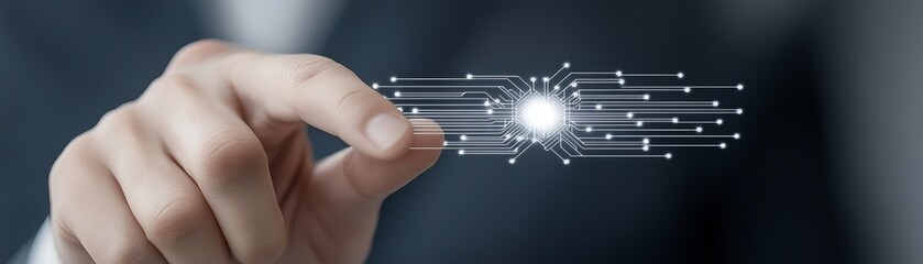 Businessman in suit activating a futuristic glowing circuit with touch of his finger