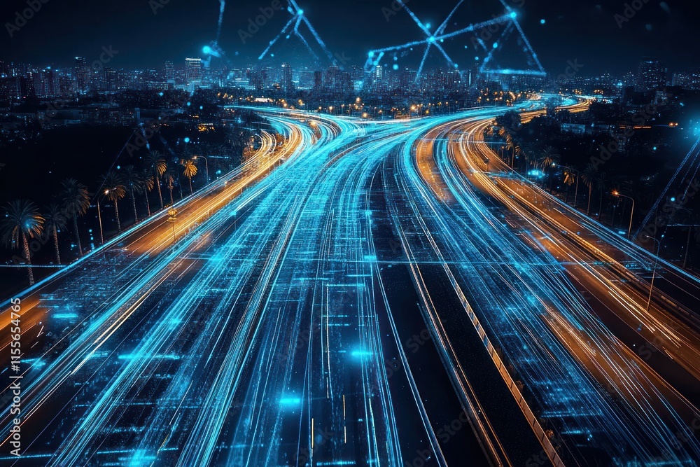 Poster night cityscape with illuminated highway intersection and digital network overlay.
