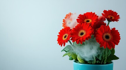 Red gerbera daisies in teal pot with ethereal smoke.
