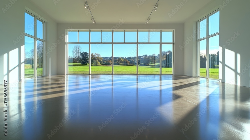 Aufkleber sunlit modern gallery space with expansive windows overlooking a scenic park.
