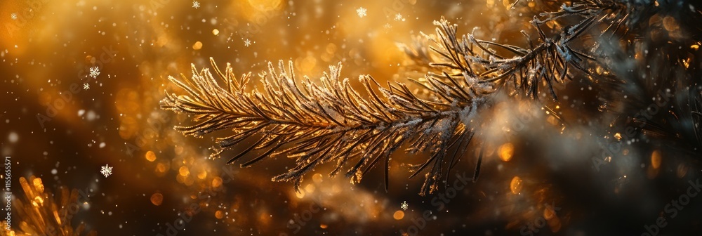 Poster icy pine branch with bokeh lights and snowflakes.