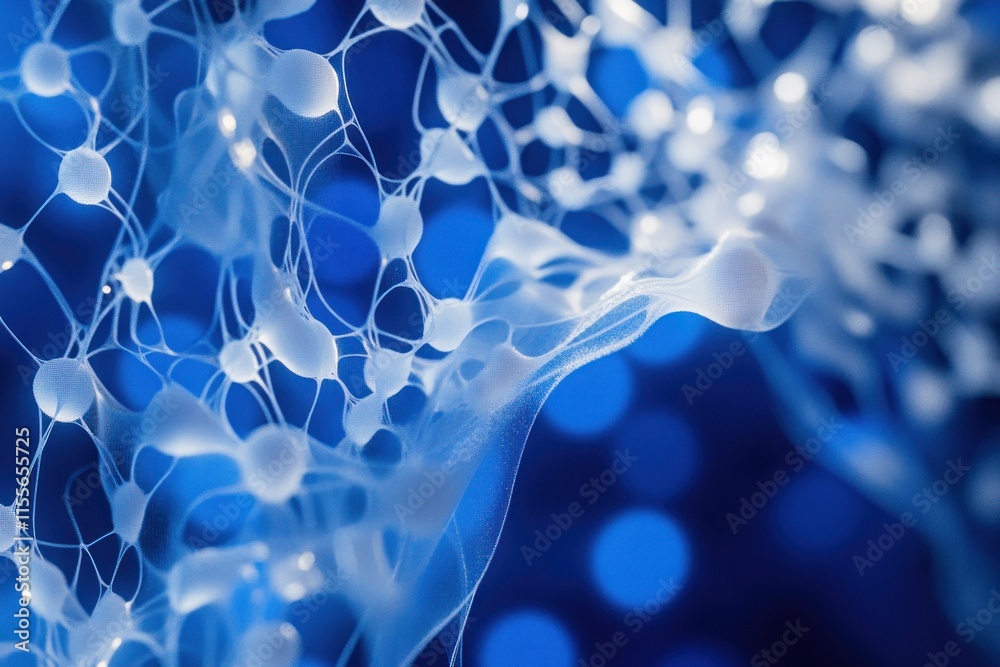 Fototapete Abstract blue background with interconnected nodes and flowing lines resembling a neural network or complex system.
