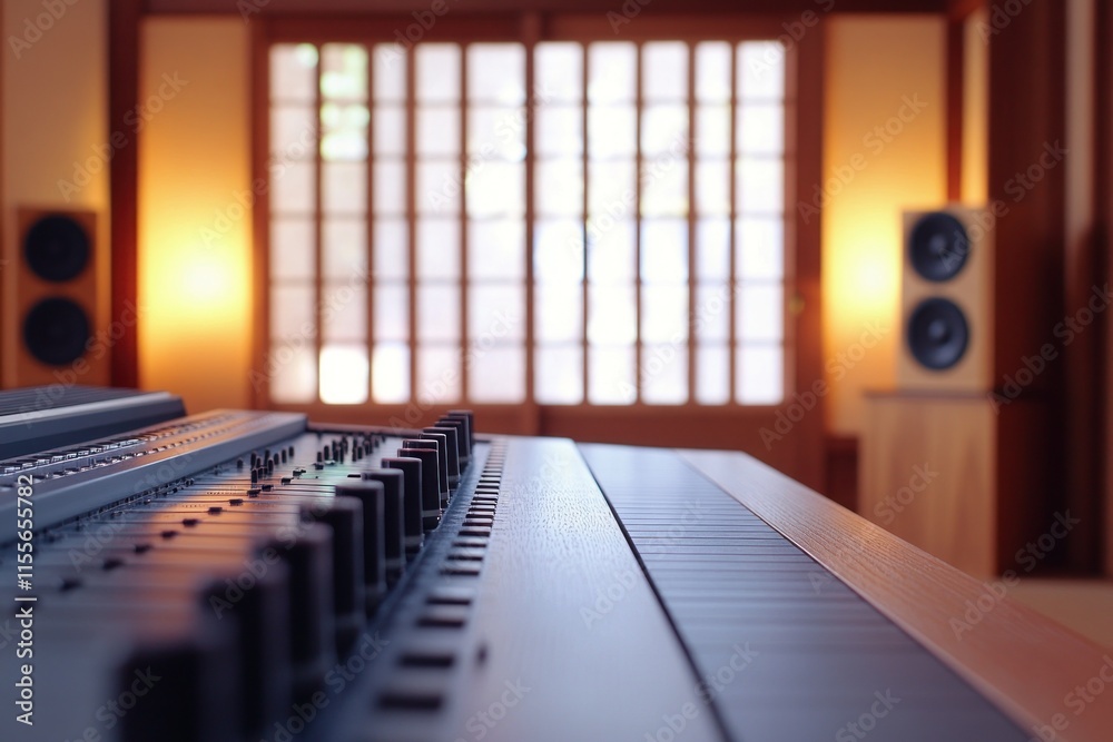 Poster Close-up of audio mixing console in recording studio.