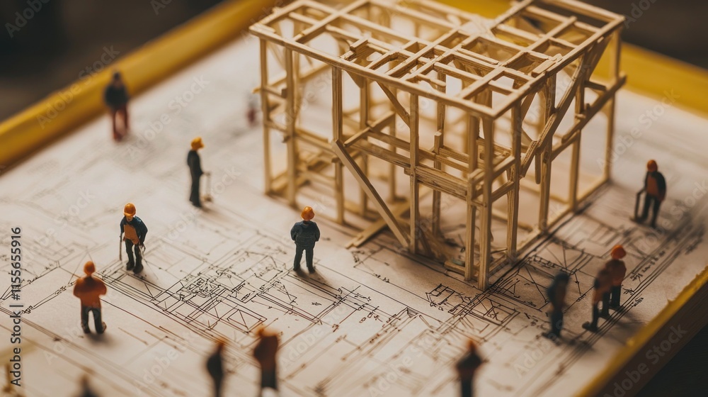 Poster miniature construction workers surrounding a wooden house frame model placed on blueprints.