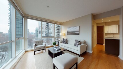 Cozy Living Area with Modern Furniture and Natural Light in Urban Setting