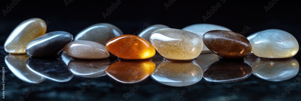 Poster smooth, polished stones of varying colors and textures reflected on a dark surface.