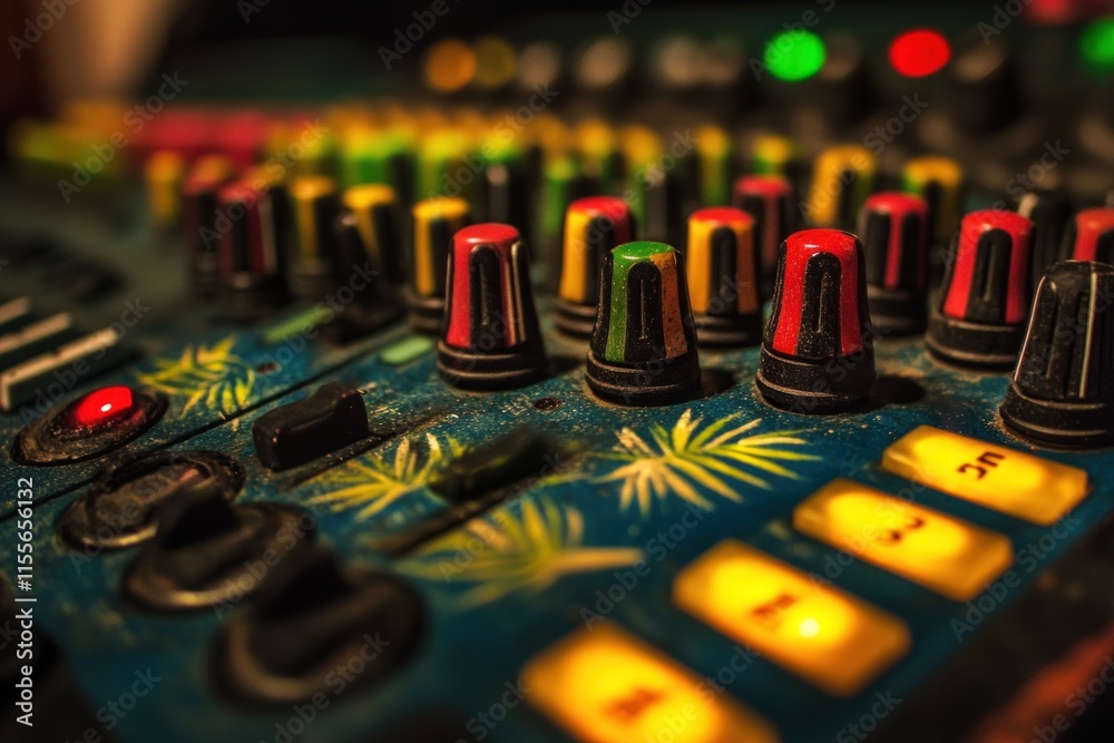 Poster Close-up of a colorful, dusty sound mixer with knobs and buttons illuminated in low light.