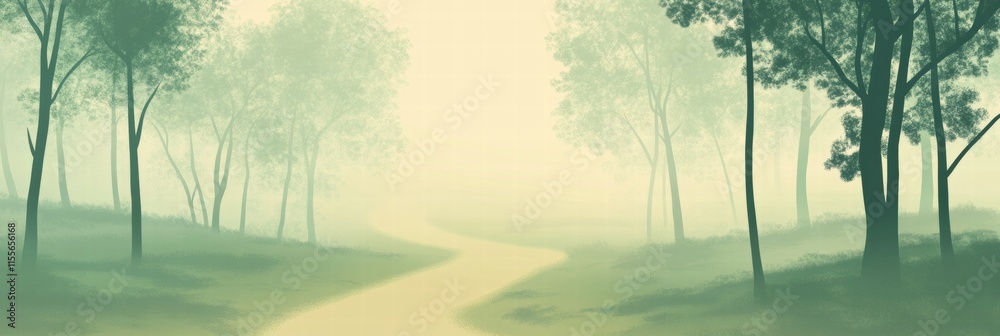 Poster Winding minimalist forest path leading through misty trees into the tranquil distance. Generative AI