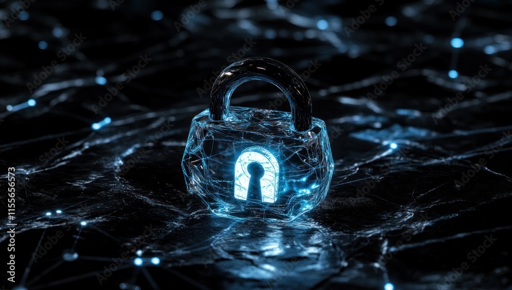 Poster glowing padlock on dark digital network background.