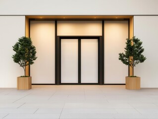 Highend luxury gift shop facade with glass walls, gold accents, and elegant lighting, Gift Shop, Luxury Design