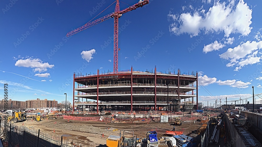 Poster construction site of a large circular building under a crane on a sunny day.