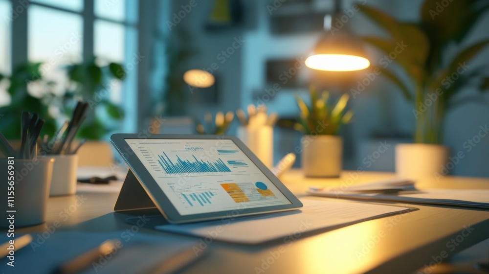 Poster tablet displaying financial charts on a desk in a modern office at night.