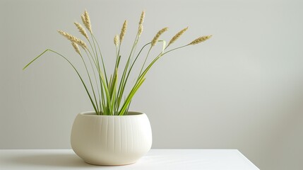 On a white table, a few ears of wheat are placed inside of a round, milk white flower pot, white background, copy space