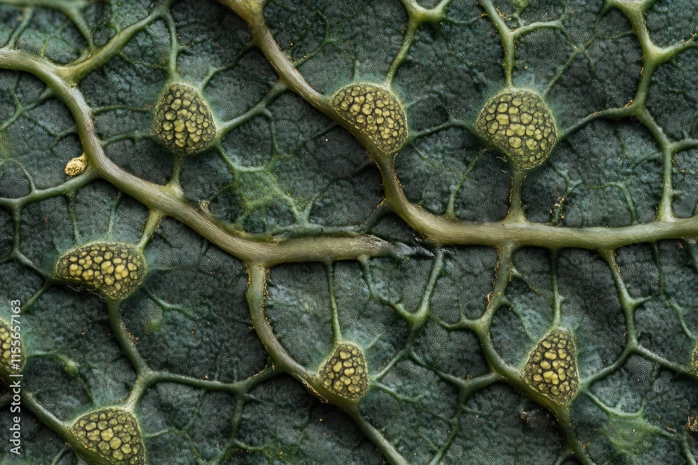 Leinwandbilder close-up of a leaf's intricate vein structure and textured surface with yellowish-green nodules.