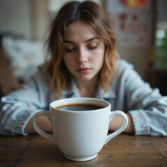 Retrato mujer joven con cara de dormida y los ojos cerrados con una taza de caf&eacute; negro en primer plano