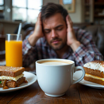 Hombre con resaca agarr&aacute;ndose a su cabeza frente a un desayuno en una mesa
