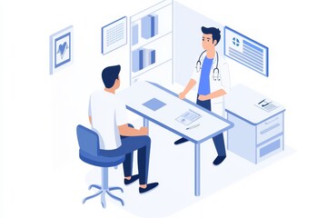A doctor consults a patient in a medical office, featuring a desk, chairs, and medical charts on the walls.