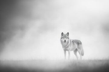 Lone wolf standing in misty field, black and white.