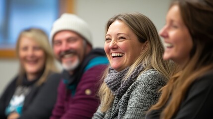 Obraz premium Smiling caucasian adults in casual attire engaging in group discussion