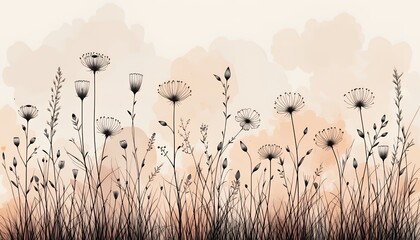 Elegant Black Wildflowers Watercolor Peach Sky Background
