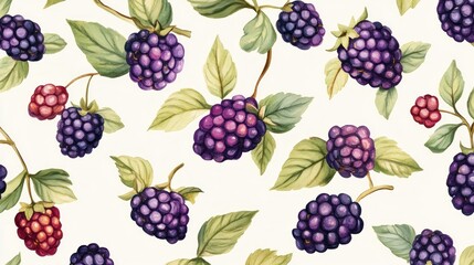 Watercolor seamless pattern of blackberries and raspberries on white background.