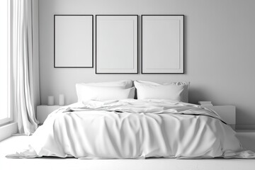 Perspective of modern bedroom with white bed and blank picture frames on wall, Interior design with minimal style. 3D rendering.
